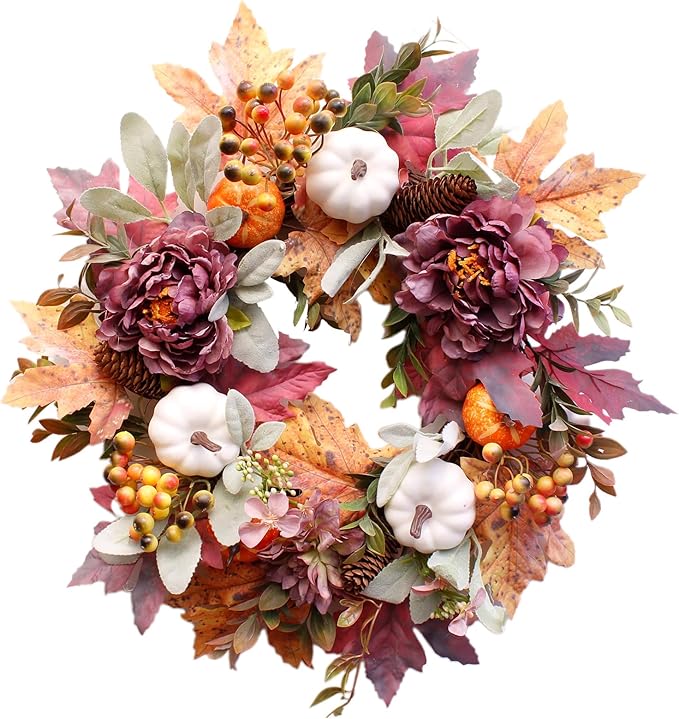 20Inch Fall Wreaths for Front Door,Fall Wreath,Fall Decorations for Home,Autumn Wreaths with White Pumpkins Peony Pine Cones, Fall Door Wreath for Thanksgiving Halloween Indoor Outdoor Decor