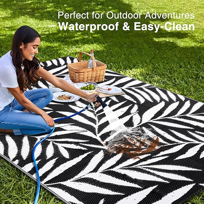 OLANLY Waterproof Outdoor Rug 5x8 ft, Reversible Outdoor Plastic Straw Rug with Leaf Pattern, RV Mat, Indoor Outdoor Carpet for Patio, Camping, Balcony, Deck, Backyard, Black & White