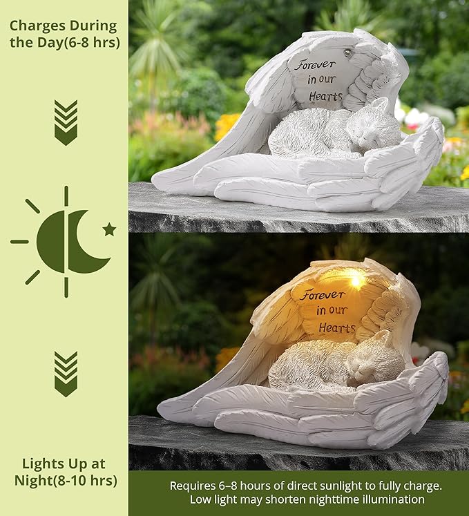 Pet Cat Solar Garden Memorial Statue – Outdoor Resin Angel Kitty with Solar Light, Guardian Angel Kitten Memorial Gift for Patio, Lawn, Yard, or Garden Decor