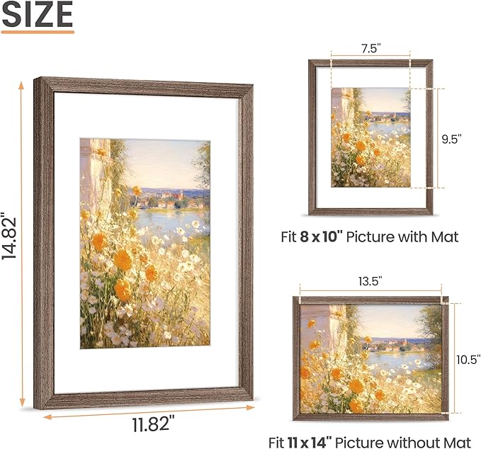 upsimples 11x14 Picture Frame, Natural Solid Wooden Picture Frames, Display 8x10 with Mat or 11 x 14 Without, Vertical or Horizontal Wall Hanging, 1 Pack, Brown