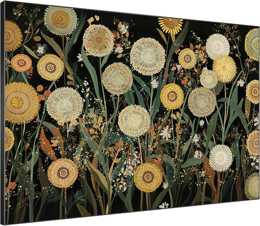 SIGNWIN 46"x60" Extra Large Framed Wall Art Whimsical Dandelion Field in Yellow and Green, Playful Botanical Print for Home Living Room Bedroom Decor (Frame Assembly Required)