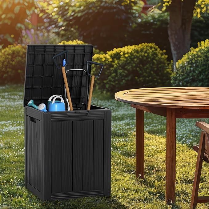 28 Gallon Deck Box Large Outdoor Storage for Patio Furniture,Outdoor Cushions,Garden Tools and Pool Supplies,Waterproof,Resin,Lockable(Black)