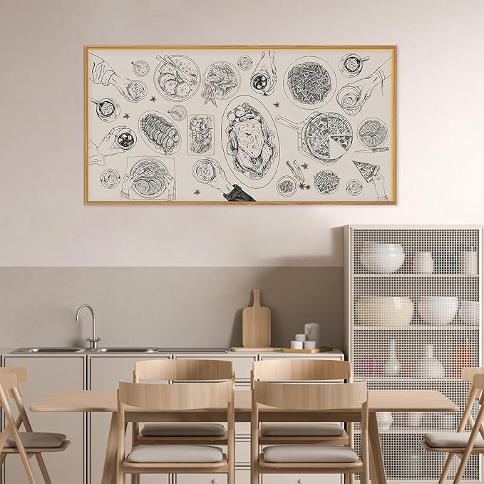 Vintage Food and Drink Framed Canvas Wall Art Set,Retro Sketch Pizza Cheers Wall Decor,Thanksgiving Dinner Turkey Artwork,Black and white Art Prints for Kitchen,Dining Room,Gatherings Decor-20"x40"