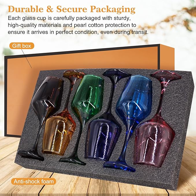 Colored Wine Glasses Set of 6-14oz Colorful Long Stem Wine Glass, Multi Color Pretty Crystal Glassware, Hand Blown Goblets Drinkware, Unique Stemware Wine Glass Holiday Gift Set