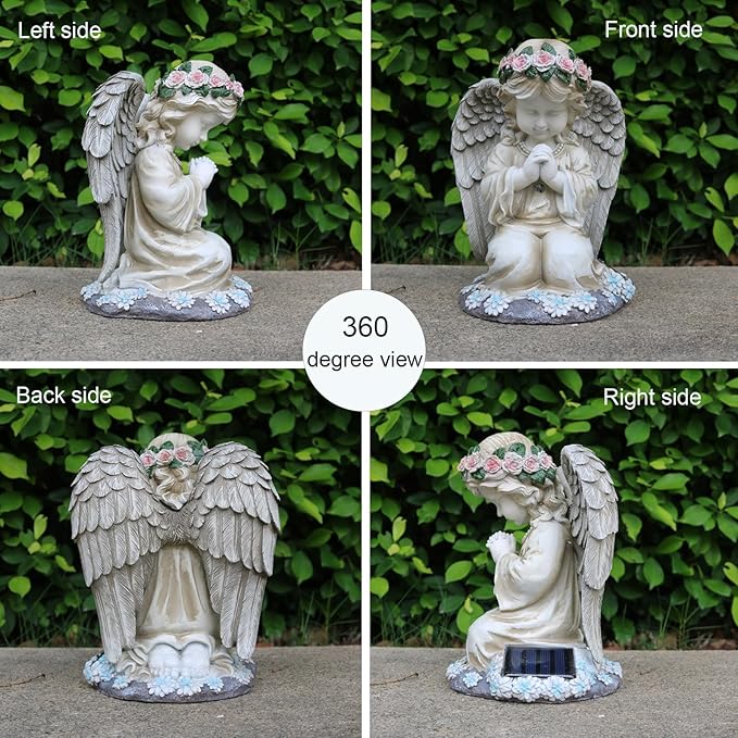 Praying Angels Figurine,Solar Garden Angel Statues, Waterproof Kneeling Angel Sculpture, Outdoor Decor Ornament for Patio Lawn Yard Balcony, Garden Gift