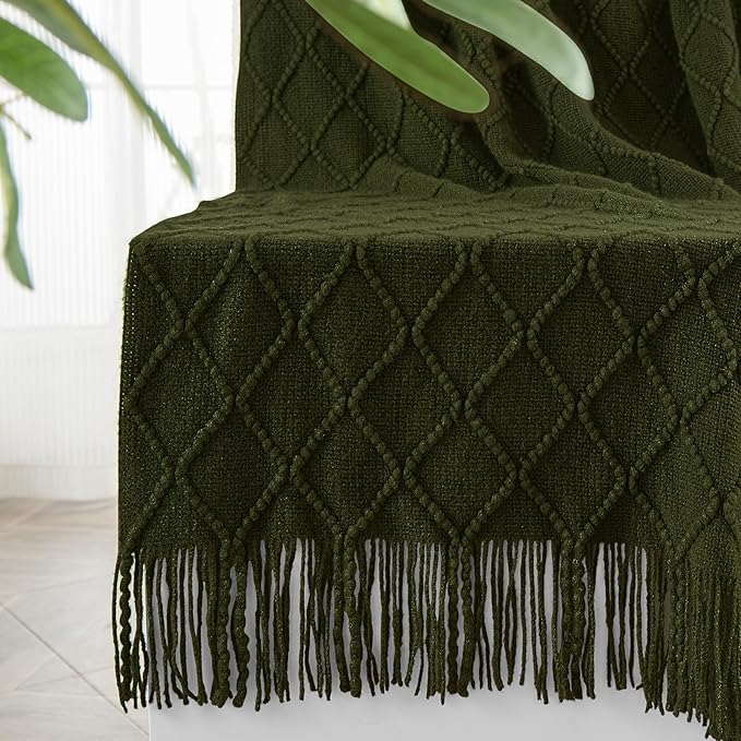 inhand Knitted Throw Blankets for Couch and Bed, Soft Cozy Knit Blanket with Tassel, Dark Green Lightweight Decorative Blankets and Throws, Farmhouse Warm Woven Blanket for Men and Women, 50"x60"
