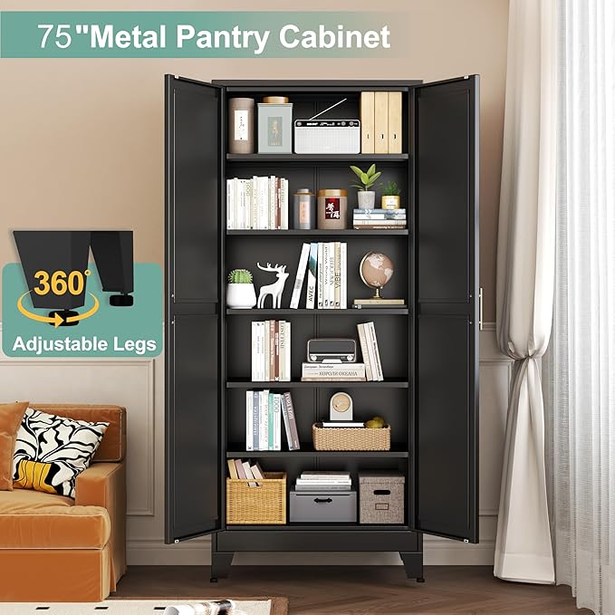 Metal Pantry Cabinet with 2 Doors and 5 Adjustable Shelves, 75" Kitchen Storage cabinets with Gold Handles, Versatile Storage for Laundry Room, Living Room, Bathroom, Dinning Room, Utility Room-Black