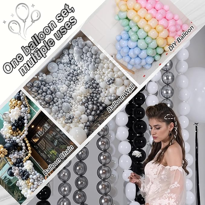 Black White and Gold Linking Balloons, 90PCS Black Gold and White Balloon Arch, Metallic Silver Quick Linked Connecting Balloon for Wedding Birthday Baby Shower Graduation New Year Party Decorations