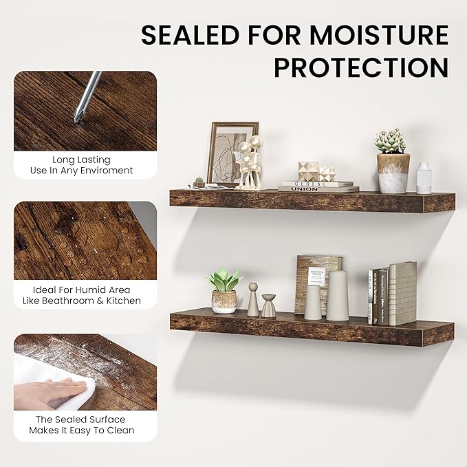 Floating Shelves for Wall, 31.5"W x 6.7"D x 1.5"H, Wooden Wall Mounted Display Shelf with Invisible Brackets for Living Room, Bedroom, Bathroom, Kitchen Decor & Storage, Set of 2, Rustic Brown