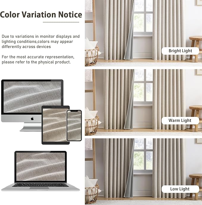 RAIN CITY Extra Wide Curtains 90 Inch Long 2 Panels,Total 140 in Wide Boho Noise Reduction Window Burlap Track System Curtain Panels for Country Villa Back Tab Pleat Tape with Hooks,Linen Beige 70x90