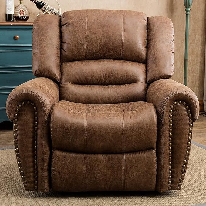 CANMOV Leather Recliner Chair Set of 2, Classic and Traditional Manual Recliner Chair with Comfortable Arms and Back,Manual Single Recliner Sofa for Living Room, Nut Brown
