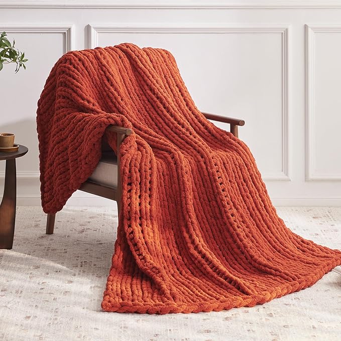 Chunky Knit Throw Blanket, 40''*50'' Fall Throw Blanket Knitted Chenille Yarn for Bed Couch, Handmade Orange Crochet Big Thick Blanket, Machine Washable Cute Comfy Blankets for Home Decor