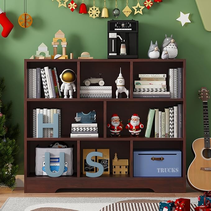 Book Shelf Set of 2, 8 Cubes Storage Organizer, 3-Tier Open Shelf Wooden Bookcase, Freestanding Cherry Bookshelf Cube Shelf for Bedroom, Living Room, Home Office