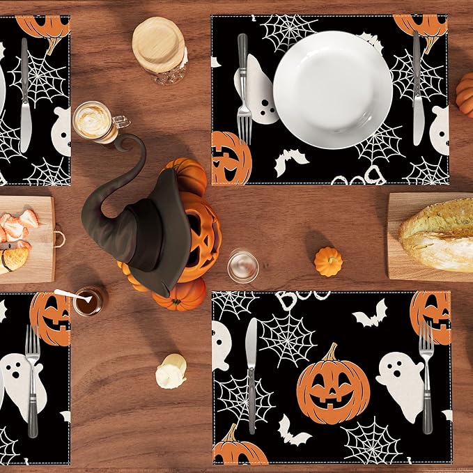 XCHI Boo Spooky Ghost Pumpkin Halloween Cloth Placemats Set of 6 Table Mats Table Decorations 12x18 Inch