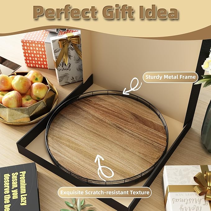 Acacia Wood 18" Lazy Susan Turntable Organizer for Table Top, Farmhouse Large Round Lazy Susan for Cabinet Kitchen Centerpieces Dining Table, for Condiments Charcuterie, Bathroom Vanity Tray Decor