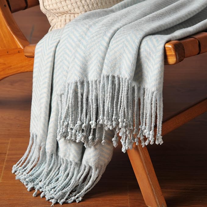 CUDDLE DREAMS Silk Throw Blanket with Hand-Knotted Fringe, Natural, Soft & Breathable (Herringbone Blue)