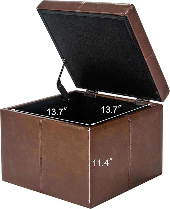 Adeco Storage Ottoman Foot Rest Stool, Leather Ottoman Footstool with Hinged Lid, 17" Small Foot Stool Bench for Living Room, Bedroom