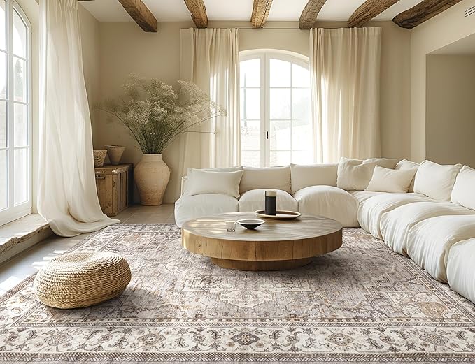 Washable Area Rugs for Living Room - 8x10 Neutral Vintage Distressed Floral Farmhouse Boho Large Soft Floor Rug Indoor Non Slip Carpet for Bedroom Dining Room Office - Grey Brown