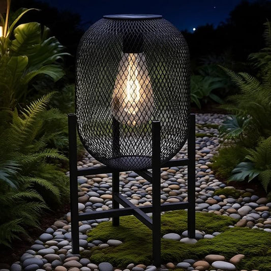 Solar Mesh Lantern Outdoor – 13.8" Tall Black Metal Patio Light with Edison Glass Bulb, Solar Powered Warm Glow LED, Waterproof IP65 for Garden, Porch, Deck, Tabletop Decor