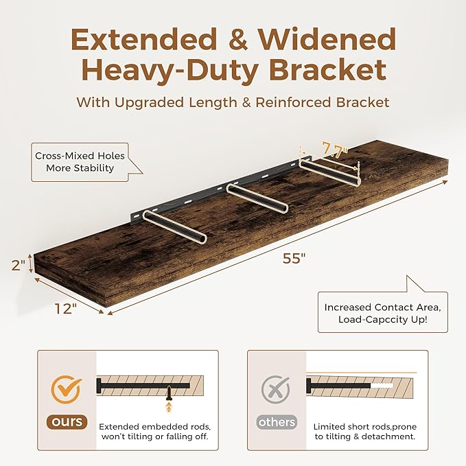 Floating Shelves 55 Inch Long, 55 x 12 Large Floating Shelf Wall Mounted, 12 Inch Wide Floating Shelves for Fireplace Mantel, 2" Thicked Storaged Shelves for Living Room, Bedroom, Rustic Brown, 1 Pack