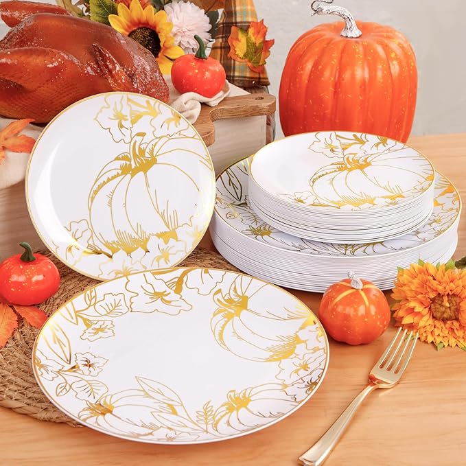 FLOWERCAT 60PCS Thanksgiving Plates & Gold Pumpkin Plates - Including 30PCS 10.25inch Thanksgiving Dinner Plates and 30PCS 7.5inch Thanksgiving Dessert Plates for Giving Thanks Theme Party