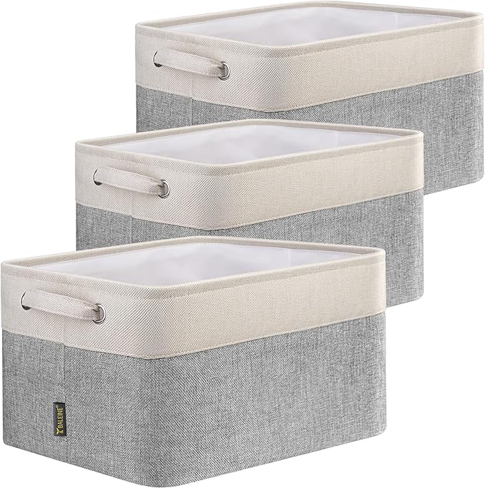BALEINE 3 Pack Fabric Storage Bins for Shelves, Linen Storage Baskets for Organizing, Decorative Closet Bins for Clothes, Home (Grey, 15"x11"x9.5")