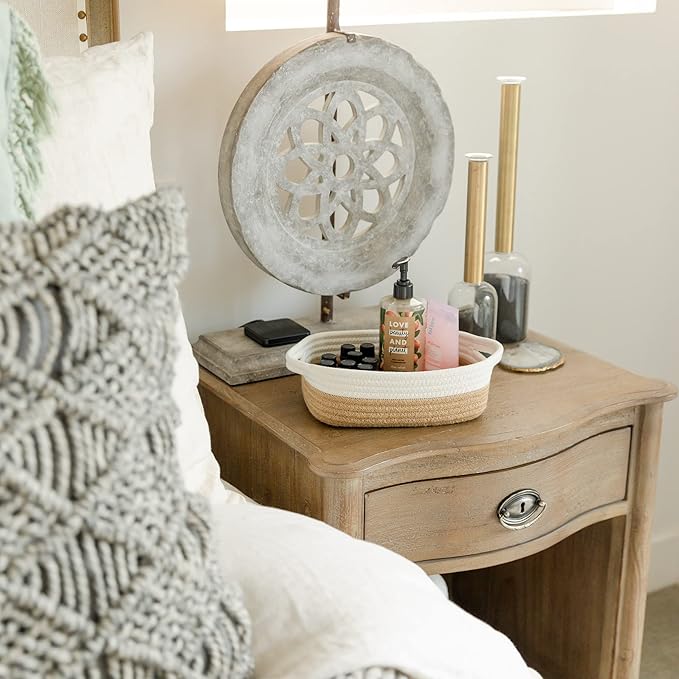 NaturalCozy 5-Piece Rectangle Storage Basket Set- Natural Cotton Rope Woven Baskets for Organizing! Small Basket for Montessori, Baby Nursery, Dog Toy Baskets, Cat Toy Box, Bathroom Organization Bin