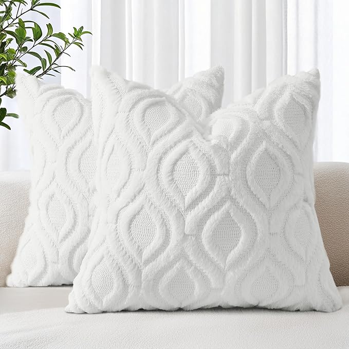 decorUhome Throw Pillow Covers 26x26 Inch Set of 2, Soft Plush Decorative Faux Fur Cream Beige Solid Couch Pillow Covers, Accent Farmhouse Neutral Square Euro Pillow Cases for Sofa Bed Living Room