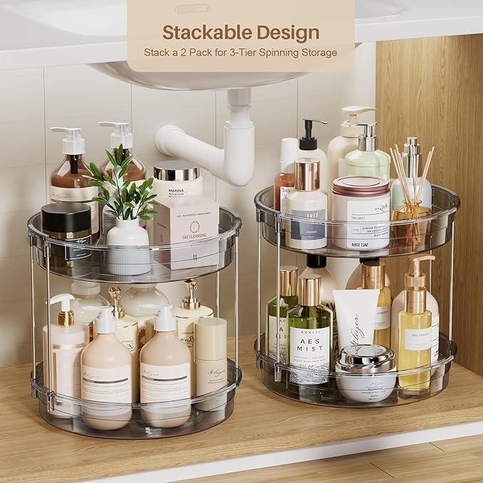 LAMU 2 Pack 2 Tier Lazy Susan Turntable Organizer 12'' Rotating Spice Rack Organization for Cabinet, Kitchen, Pantry, Countertop, Bathroom, Vanity, Medicine Cabinet Organizer, Grey