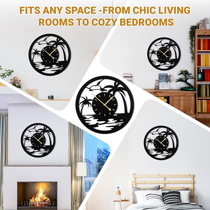 20inches/50cm Wall Clocks Palm Tree Battery Powered No Ticking Silent Round Black Modern Unique Metal Wall Clocks Suitable Living Room Kitchen Bedroom Fireplace Office Farmhouse。