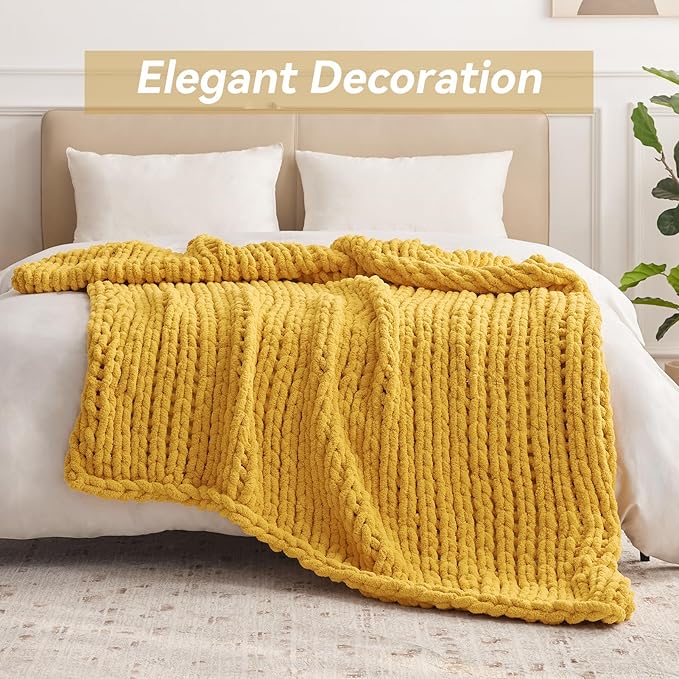 Chunky Knit Throw Blanket, 60''*80'' Knitted Throw Chenille Yarn for Bed Couch, Handmade Yellow Crochet Big Thick Blanket, Machine Washable Cute Comfy Blanket for Home Decor