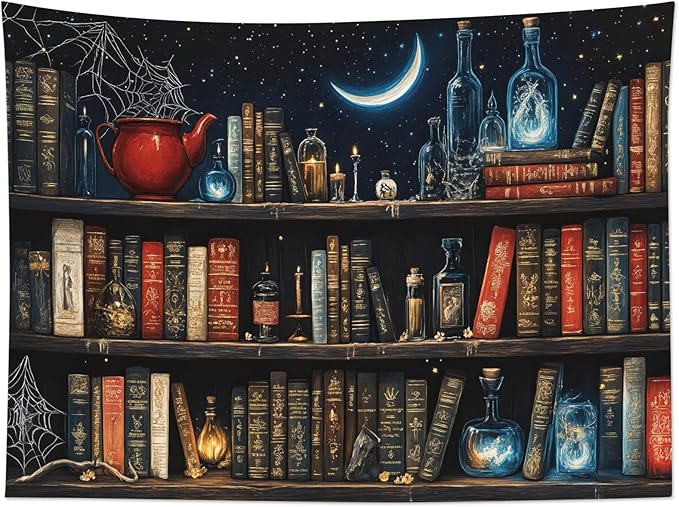 LB Fantasy Bookshelf Tapestry, Horror Spider and Vintage Book with Moon Wall Tapestry for Bedroom Aesthetic, Trippy Galaxy Wall Art for Living Room Dorm Home Decor Ready to Hanging, 92.5 x 70.9 Inches