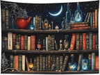 LB Fantasy Bookshelf Tapestry, Horror Spider and Vintage Book with Moon Wall Tapestry for Bedroom Aesthetic, Trippy Galaxy Wall Art for Living Room Dorm Home Decor Ready to Hanging, 92.5 x 70.9 Inches