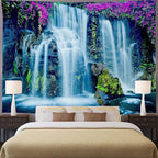 FENDROM Waterfall Tapestry Purple Forest Wild Flowers Floral Mountain Jungle Plants Nature Landscape Wall Hanging Bedroom Living Room Hanging Decorative Blanket