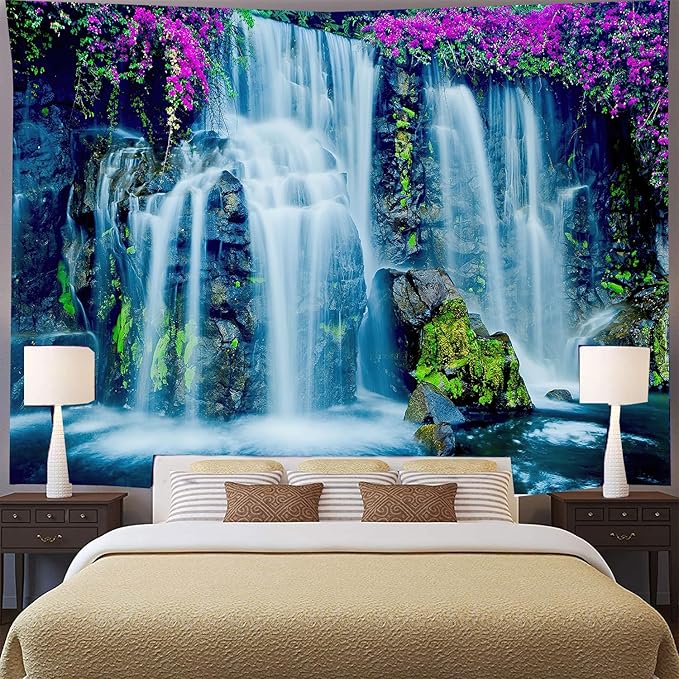 FENDROM Waterfall Tapestry Purple Forest Wild Flowers Floral Mountain Jungle Plants Nature Landscape Wall Hanging Bedroom Living Room Hanging Decorative Blanket