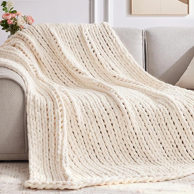 Chunky Knit Throw Blanket, 50''*60'' Knitted Throw Chenille Yarn for Bed Couch, Handmade Cream Crochet Big Thick Blanket, Machine Washable Cute Comfy Blanket for Home Decor