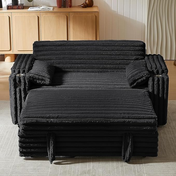 57-Inch Velvet Full Size Sleeper Sofa Couch with Pullout Bed,Convertible Pull Out with Golden Decorative Strip and Adjustable Backrest for Small Spaces,Apartment, Guest Room, RV (1109Black)