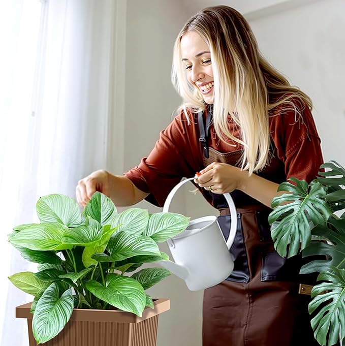 FENCY Set of 2 Tall Planters for Outdoor Plants, 24 Inch Large Tapered Pots with Drainage Trays, Weather-Resistant Plastic Plant Containers for Patio, Porch, Garden, Front Door Decor,Brown, Striped