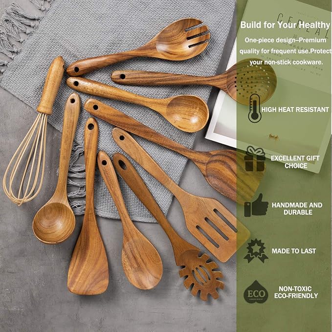 AIUHI 10 Pack Wooden Spoons for Cooking, Teak Wood Kitchen Utensils Set for Non Stick Use, Spatula Set for Stirring, Baking, Non Stick Wooden Utensils for Kitchen