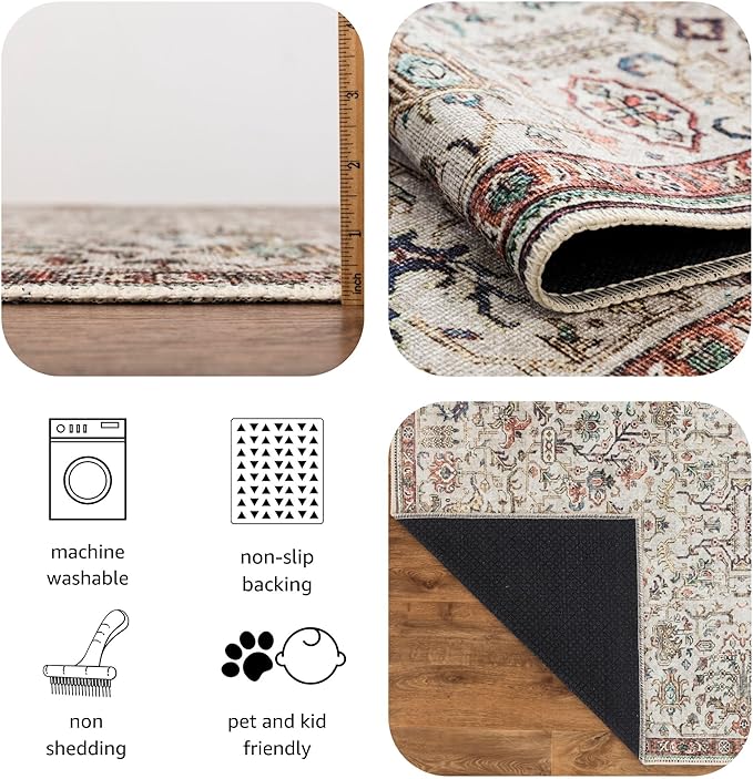 Keen Home Design 8x10 Rug - Machine Washable Area Rug with Non-Slip Backing, Ideal for Living Room, Dining Room, Bedroom - Vintage, Easy Clean, Durable, Low Pile Rug - (8' x 10')