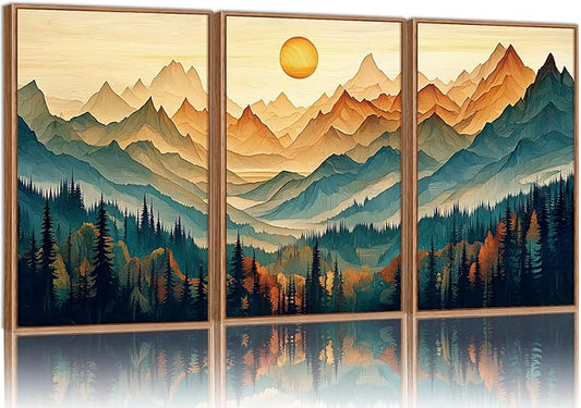 Tinonedraw Large Mountain Framed Canvas Wall Art Set of 3, Boho Nature Forest Wall Decor, Neutral Wooden Pine Trees Artwork, Sunrise Ridge Landscape Art Printing for Living Room Bedroom Office 16"x24"