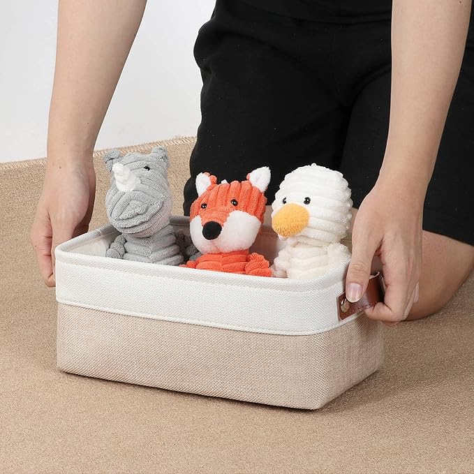 DULLEMELO Small Storage Bins, Storage Baskets for Organizing, Collapsible Rectangular Fabric Baskets for Shelves, Closets, Nursery, Home, Office, Empty Gift Baskets (6-Pack, White&Khaki)