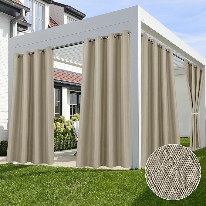HolidayIdeas Outdoor Curtains for Patio Waterproof-4 Panels Linen Gazebo Curtains 54"x84"-Indoor/Outside Privacy Taupe Curtains Weatherproof Weighted for Pergola, Porch,Backyard,Living Room,Sunroom