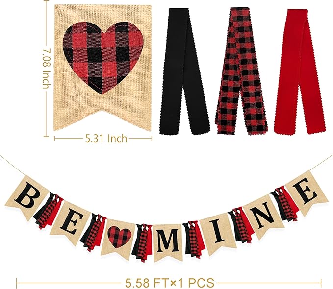 Valentine’s Day Party Decorations Be Mine Felt Sign Burlap Pennant Banner Flag Heart with Black Red Buffalo Plaid Fabric Ribbon for Valentine’s Day Wedding Birthday Party Supplies