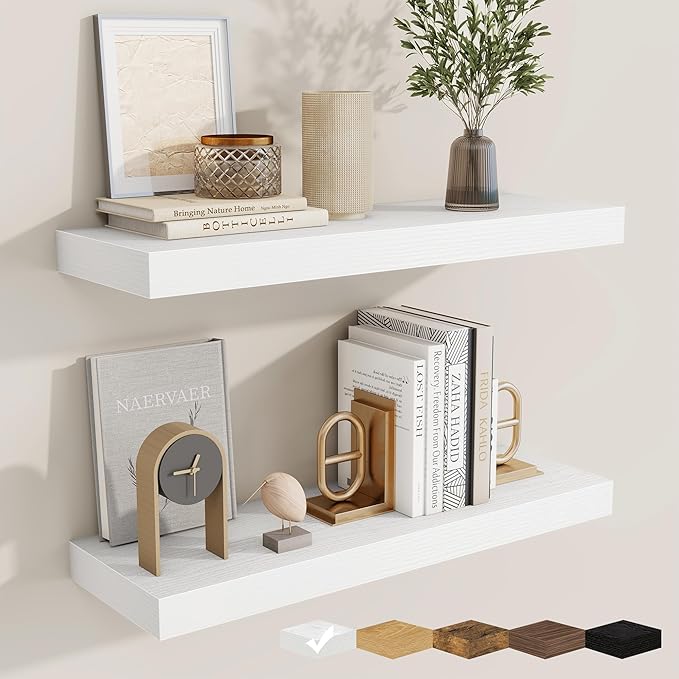 fuqing Floating Shelves for Wall, Bathroom Shelf Wall Mounted for Storage, Shelves with Invisible Bracket for Bedroom, Kitchen, Living Room, Farmhouse Small Book Shelf, 24 Inch Set of 2, White