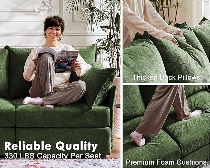 Luxury Modular Sectional Sofa, L-Shaped 3-Seat Couch with Storage Ottoman Deep Seat & Reversible Chaise Lounge Chenille Green for Compact Spaces, Apartments, Dorm