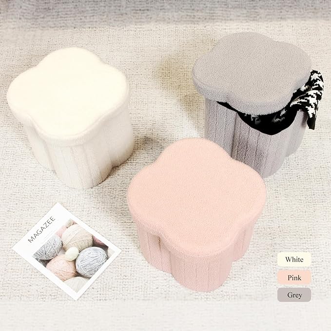 B FSOBEIIALEO Storage Ottoman Cube, Flowers Shaped Ottomans with Storage Foot Stool Footrest for Lving Room, Boucle Ottoman Seat for Dorm Room,Faux Teddy Fur, Grey 12.6"x12.6"x12.6"
