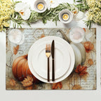 Fall Vintage Pumpkin Leaves Placemats Set of 4 Autumn Thanksgiving Harvest Linen Dinner Place Mats 12x18 Burnt Orange and White Rustic Farmhouse Decorative Kitchen Table Mats