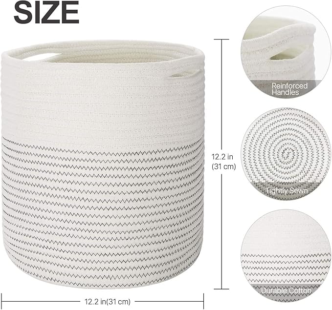 Woven Cotton Rope Plant Basket for 11 12" Flower Pot Floor Indoor Planters, Decor Basket for Plants Storage Organizer Modern Home Decor (12" x 12", White)