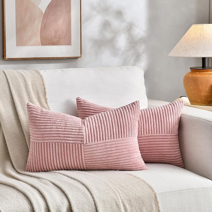 Fancy Homi 2 Packs Blush Pink Long Lumbar Decorative Throw Pillow Covers 16x24 Inch for Couch Bed Sofa, Rustic Farmhouse Boho Home Decor, Soft Striped Corduroy Rectangle Accent Cushion Case 40x60 cm